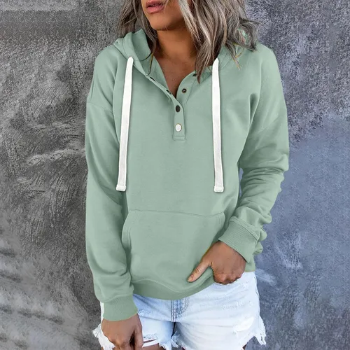 Vista 3 de Sudadera casual con capucha para mujer, manga larga, lisa, ligera, holgada, con bolsillo