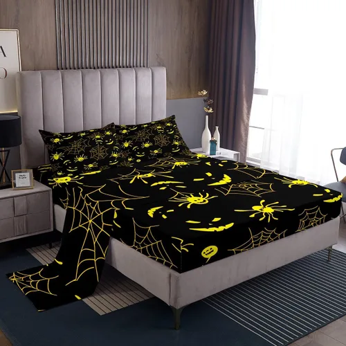 Vista 21 de Lindas sábanas de murciélagos tamaño individual, juego de sábanas de Feliz Halloween para niños y niñas, Kawaii cielo estrellado estrellas luna