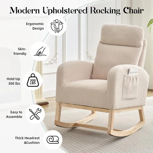 Vista 4 de Mecedora para guardería, moderna mecedora tapizada con bolsillo lateral, respaldo alto, asiento acolchado para sala de estar, guardería, dormitorio
