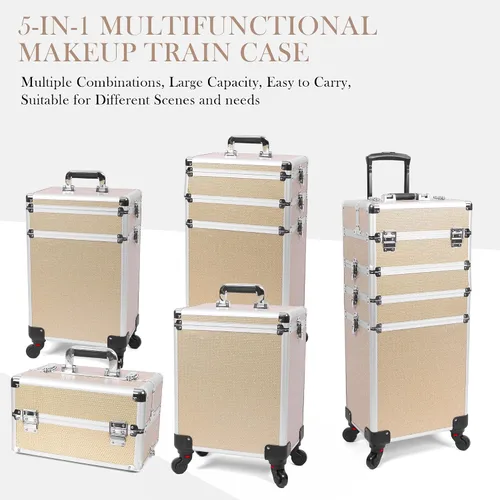 Vista 5 de Estuche de maquillaje profesional con ruedas, estuche de tren de maquillaje 5 en 1, carrito de maquillaje cosmético, estuche de cosmetología