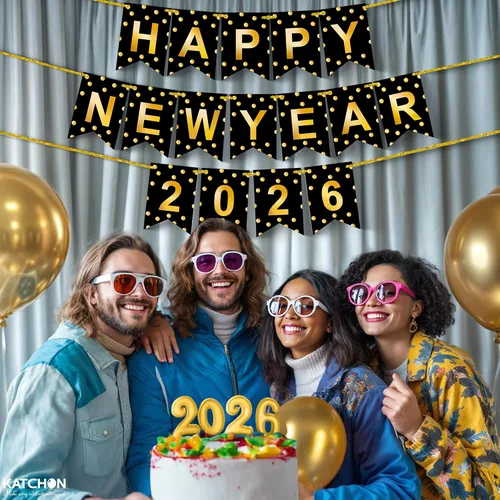 Vista 7 de KatchOn, Banner de Feliz Año Nuevo 2026 - Sin bricolaje, 10 pies Telón de fondo de Feliz Año Nuevo para suministros de fiesta de Nochevieja