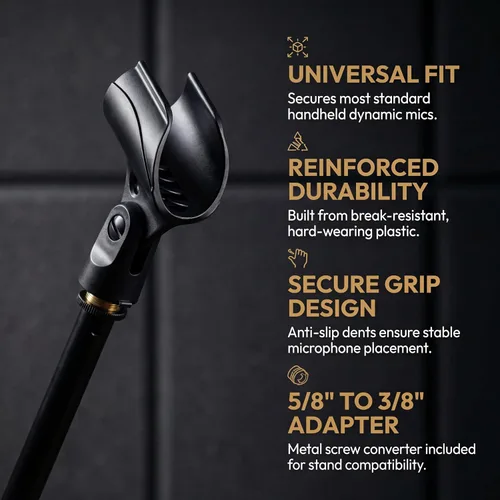 Vista 5 de Soporte universal de clip para micrófono con adaptador de tornillo macho de 5/8 pulgadas a hembra de 3/8 pulgadas adecuado para micrófonos de mano