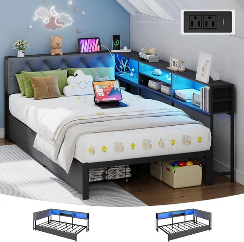 Vista 10 de Doltoro Marco de Cama de Esquina Individual con Estantería de Almacenamiento y Luces LED, Cama Diván Tamaño Individual con 2 Cajones de Gris