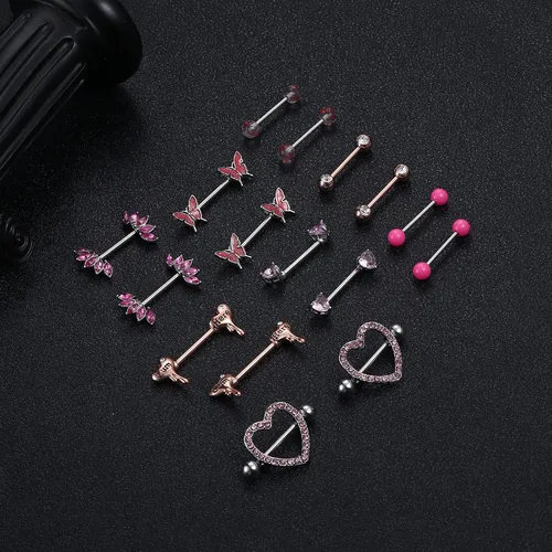 Vista 6 de Besteel 8 Pairs Nipple Rings 14G Stainless Steel Nipplerings CZ Heart Butterfly Ball Tongue Barbell Rings Retainer Body Piercing Jewelry for Women