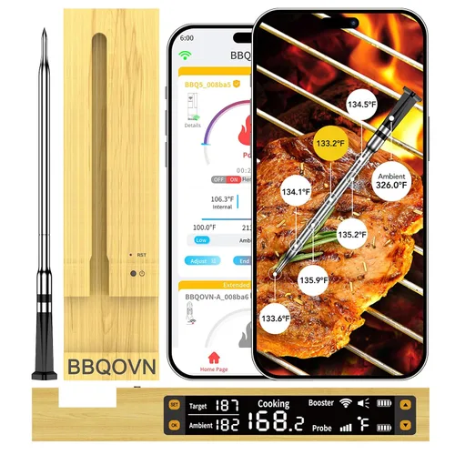 Vista 11 de BBQOVN Termómetro inalámbrico WiFi Sub-1G para carne, rango ilimitado, 7 sensores certificados NIST con temperatura ambiente, 2 formas de monitoreo