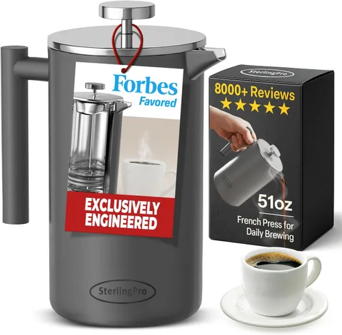 Vista 13 de SterlingPro - Cafetera de prensa francesa de acero inoxidable extra grande con aislamiento no tóxico de 64 onzas, capacidad de 1/2 galón/2 litros