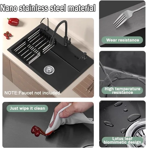 Vista 6 de Fregadero de cocina de montaje superior con caída de 3 agujeros, fregadero de un solo cuenco de acero inoxidable con escurridor y dispensador