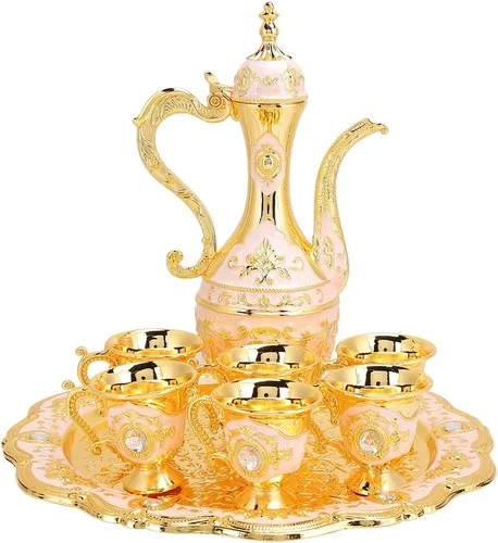Vista 8 de Alvinlite Juego de tazas pequeñas de café turco vintage, juego de té turco con 6 tazas de café, juego de decantador de vino dorado y vasos, juego