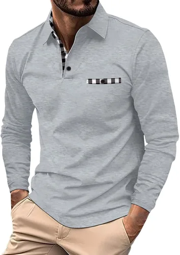 Vista 26 de Polo de manga larga para hombre, diseño casual de algodón con bolsillo, cuello clásico con botón para golf