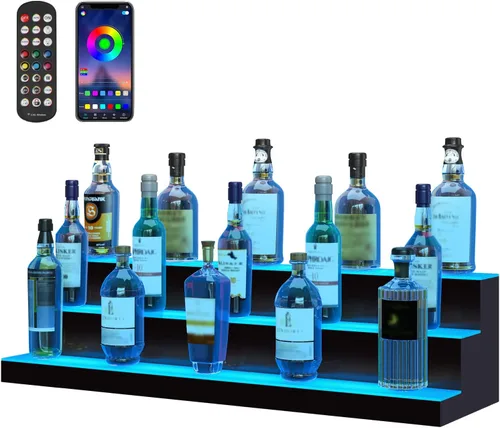 Vista 10 de VEVOR Pantalla de botella de licor con iluminación LED, 2 niveles de 30 pulgadas, compatible con USB, estante iluminado de bar para el hogar