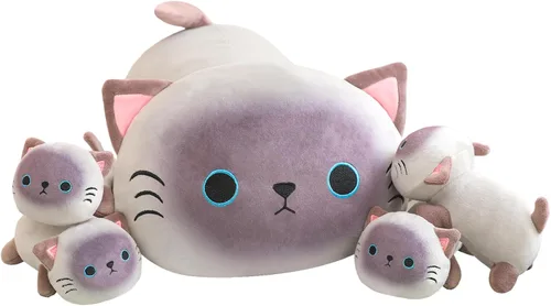 Vista 7 de TOYSYM Gato Negro de Peluche Mamá Gato de Peluche Juguetes con 4 Bebés Blanditos en su Vientre Almohadas Suave Lindas para Abrazar para Niños y Niñas