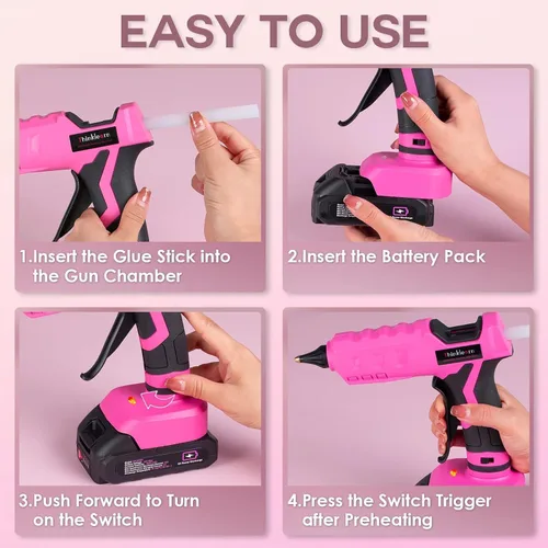 Vista 14 de Pistola de pegamento caliente, pistola de pegamento inalámbrica rosa de 20 V con 30 barras de pegamento de tamaño completo, kit de pistola