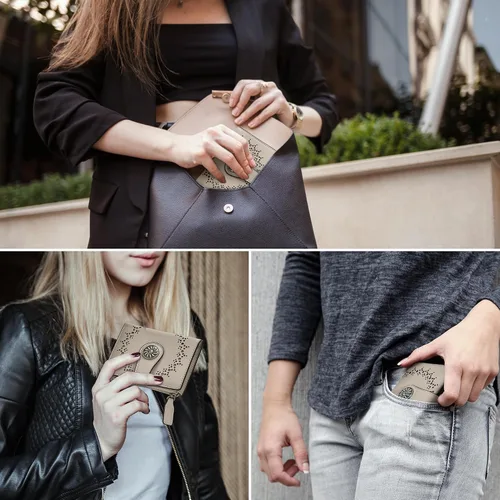 Vista 4 de Tipmile - Cartera pequeña para mujer, cartera de cuero con bloqueo RFID, plegable con bolsillo para monedas y con cremallera, Beige, Casual