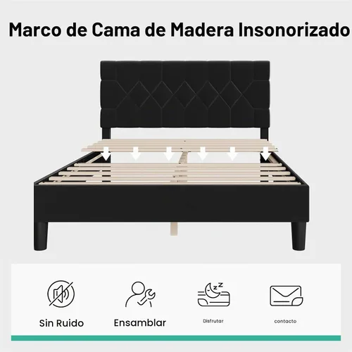 Vista 7 de Novilla - Base de cama Queen con cabecero, base de cama tamaño Queen con soporte de listones de madera, cabecero tapizado de terciopelo con puntos