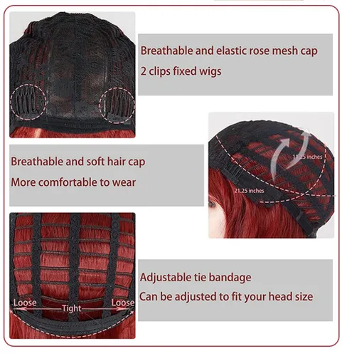 Vista 5 de Peluca corta ondulada con flequillo, peluca roja para mujer, peluca sintética rizada estilo Bob, peluca de fibra resistente al calor de aspecto