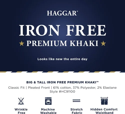Vista 4 de Haggar - Pantalón informal con cintura expandible y plisado por delante, ajuste clásico, pantalón caqui, no necesita planchado