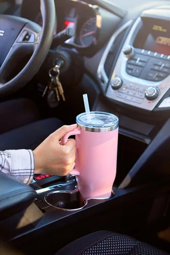 Vista 6 de Maars Charger - Taza de viaje aislada de 40 onzas con asa, vaso de acero inoxidable sellado al vacío de doble pared con popote y tapa, ónix blanco