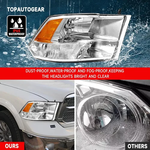 Vista 4 de PetGirl Conjunto de faros delanteros compatible con Dodge Ram 1500 2500 3500 2009-2018 Pickup con lámpara de parachoques, carcasa cromada, reflector
