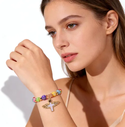 Vista 6 de Juego de 6 pulseras de regalo de ángel de resina, pulseras católicas para hombres y mujeres, primera comunión, Navidad, Pascua, bautismo y día