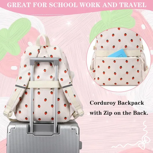 Vista 3 de Mochila escolar para niñas y niños, mochila escolar para primaria, resistente al agua, mochila escolar para adolescentes, Fresa Beige, Tamaño único