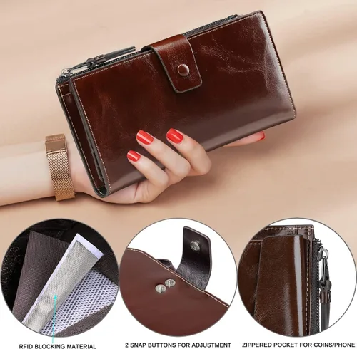Vista 6 de Itslife Cartera de cuero con bloqueo RFID de gran capacidad para mujer, cartera de chequera auténtica, Oilcoffee, Classic