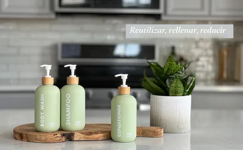Vista 4 de Dispensador de Champú y Acondicionador OLLIES, Dispensador de Jabón de Ducha para Baño - Juego de 3 con Etiqueta Elegante Permanente - Botellas