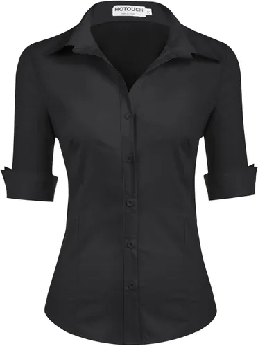 Vista 7 de HOTOUCH Camisa de manga 3/4 con botones para mujer, blusas de trabajo ajustadas, camisas de vestir de algodón, camisas de oficina