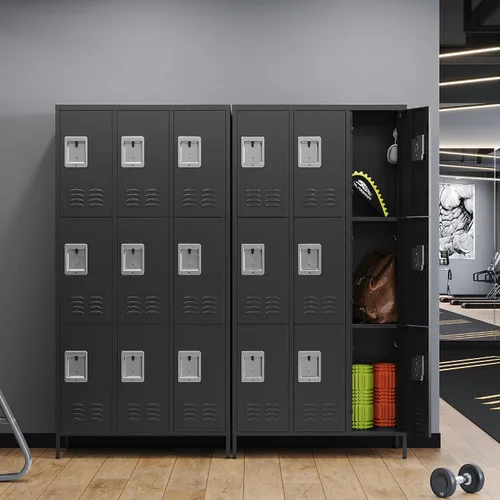 Vista 4 de STANI Taquillas de metal para empleados con cerradura, armario de almacenamiento de acero de 9 puertas altas con estantes, gabinete de acero