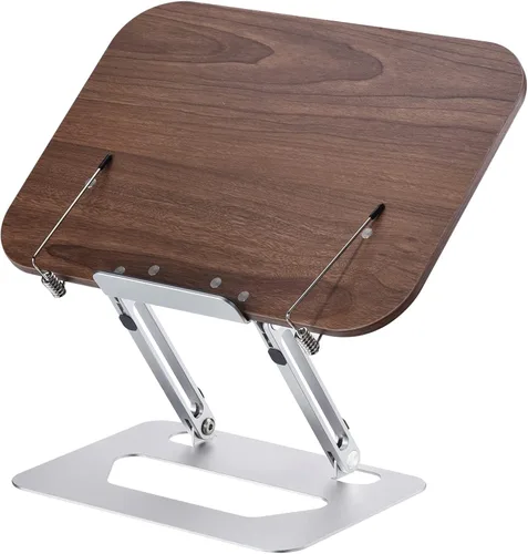 Vista 4 de METALLIXITY Soporte para libros para lectura, soporte ajustable para libros con base giratoria de 180°, altura y ángulo ajustables, plegable y Brown