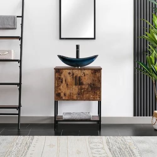 Vista 37 de eclife Lavabo de tocador de baño de 24 pulgadas, gabinete de metal moderno con estante inferior, fregadero azul para barco y grifo de ahorro de agua
