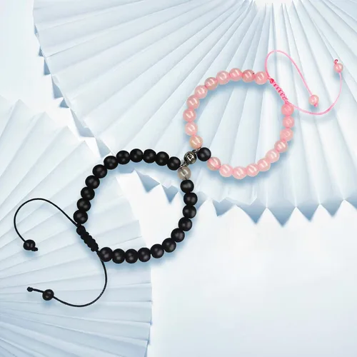 Vista 6 de 2 pulseras magnéticas para parejas, piedra natural negra mate, cristal para votos de amor eterno, juego de pulseras de cuentas de piedra de energía