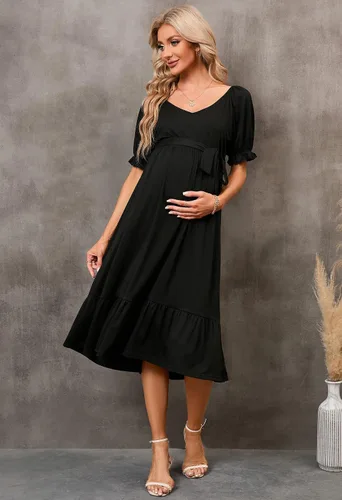Vista 5 de Vestido de maternidad midi cuello en V cuello en V manga corta ropa para mujer embarazada