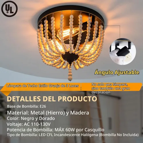 Vista 4 de Lámpara de techo de madera con cuentas de granja, 3 luces, estilo bohemio, con cuentas de madera, accesorios de iluminación vintage para entrada