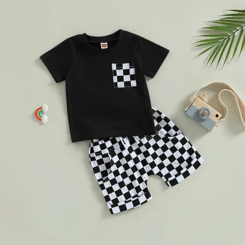 Vista 4 de Karuedoo Conjunto de camiseta de manga corta a cuadros para bebé niño y niña, conjunto de camiseta y pantalones cortos de moda para niños pequeños