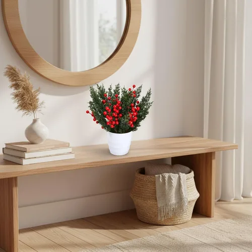 Vista 8 de Decoraciones navideñas para el hogar, interiores, ramas de pino artificial de hoja perenne con tallos de bayas rojas para árboles de Navidad 50