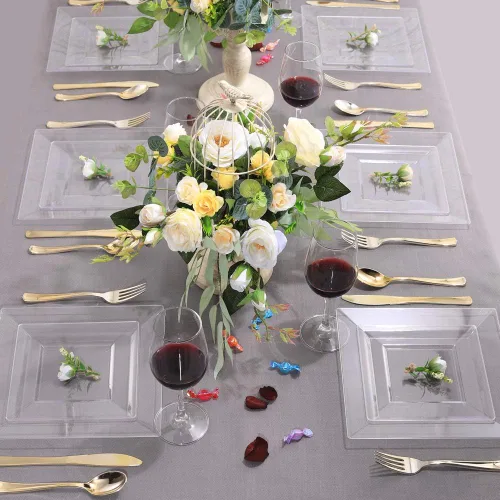 Vista 5 de WDF 60 platos de plástico transparente – Platos cuadrados desechables para postre/ensalada – Plato de plástico de 7 pulgadas para aperitivos de boda