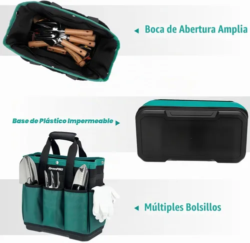 Vista 4 de GrenPRO Bolsa de herramientas de jardín con parte inferior moldeada, caja de herramientas resistente con 10 bolsillos, cierre reforzado y superior a