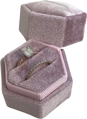 Vista 2 de Caja de anillo hexagonal de terciopelo con monograma personalizado, 2 ranuras hexagonales para fotos de boda, almacenamiento y reliquia