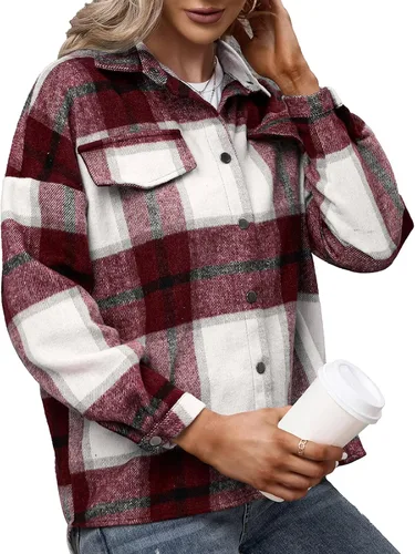 Vista 4 de American Trends Womens Plaid ShacketJacket- Oversized Wool Loose Lapel Coat Button Down Long Sleeve Shacket Shirt For Women