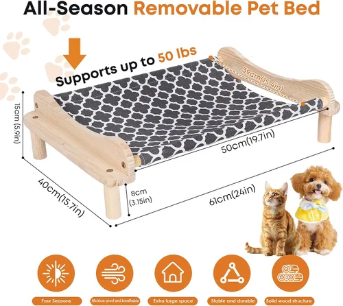 Vista 2 de Cama elevada de madera para gatos – 24 x 15.7 x 5.9 pulgadas, hamaca transpirable para mascotas para uso en interiores y exteriores, tumbona elevada