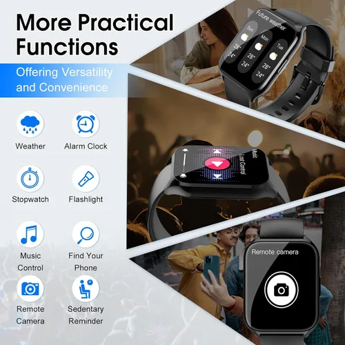 Vista 7 de Reloj inteligente para hombres y mujeres (respuesta/hacer llamadas), reloj de fitness HD de 1.85 pulgadas con monitor de frecuencia cardíaca y Negro