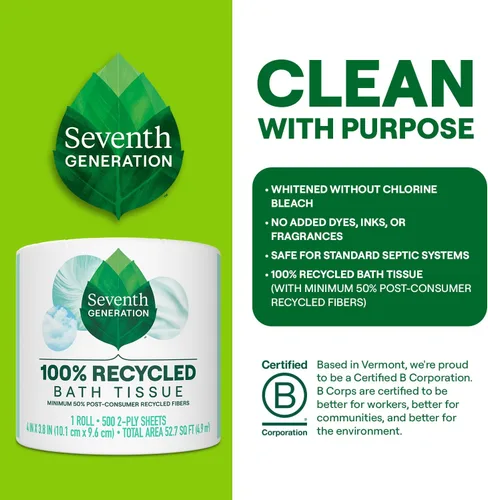 Vista 7 de Seventh Generation - Papel higiénico (2 capas, 100 % papel reciclado, 500 hojas, 60 unidades), color blanco 500 Sheets Per Roll, Extra Soft &