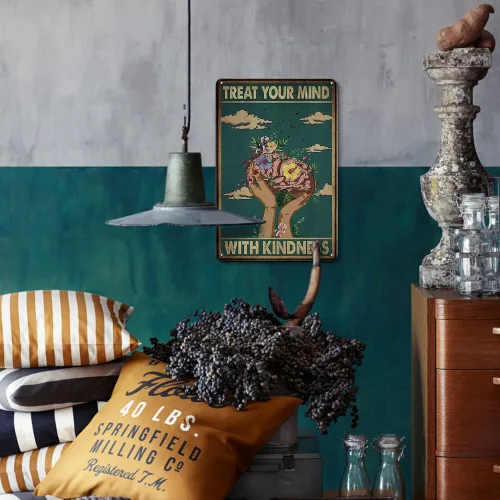 Vista 5 de Letrero de metal grueso vintage con texto en inglés «Treat Your Mind With Kindness»