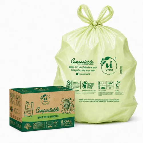 Vista 11 de Bolsas de camiseta compostables UNNI con asas de lazo, 1.6 galones / 6 litros, 50 unidades, forros de cajón de cocina pequeños de 0.64 mil