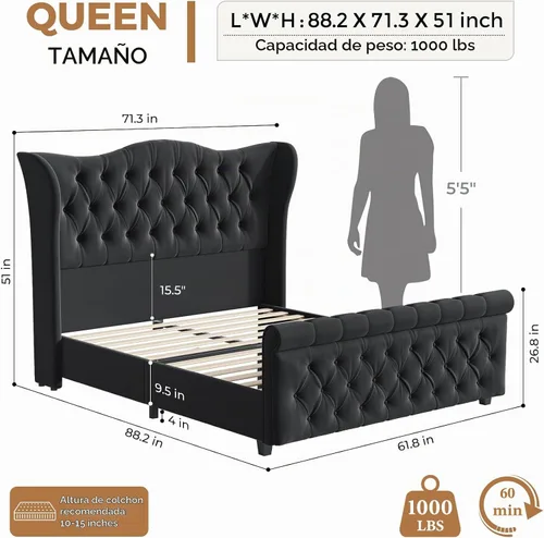 Vista 7 de koorlian Base de cama Queen, cama tapizada en terciopelo con cabecero