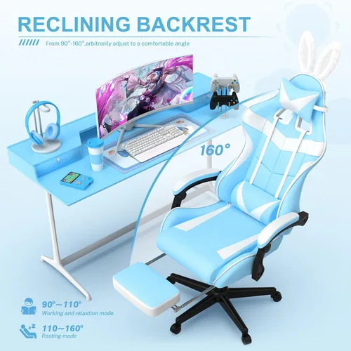 Vista 6 de Soontrans Silla de juegos azul claro con reposapiés, bonita silla de videojuegos de conejo, silla de escritorio Kawaii para nieta, hermana, novia