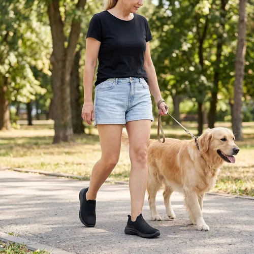 Vista 3 de TIOSEBON Zapatos deportivos para caminar sin cordones para mujer, de punto, de malla, cómodos, tenis 0c/todo negro