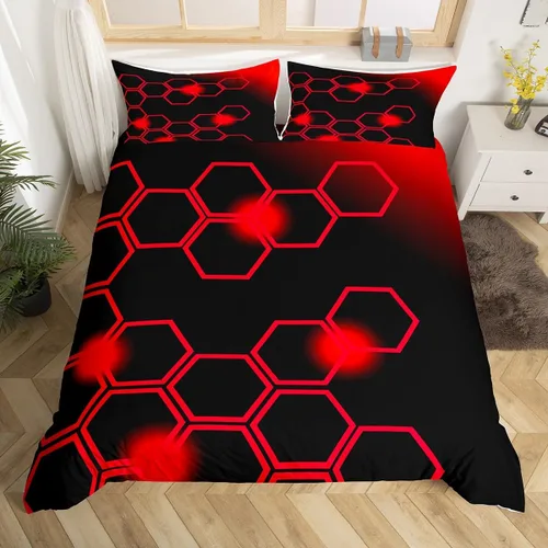 Vista 23 de Feelyou Juego de ropa de cama verde y negro tamaño individual para niños y adolescentes, juego de funda de edredón con temática hexagonal