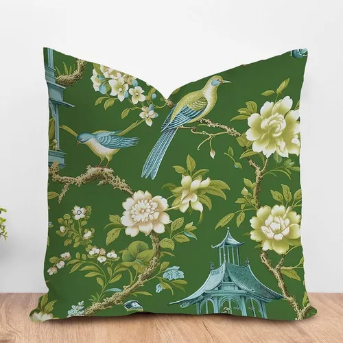 Vista 22 de ArogGeld Chinoiserie - Funda de cojín para sofá, diseño floral de peonía, color verde azulado, verde y rojo, diseño de peonía, diseño escénico