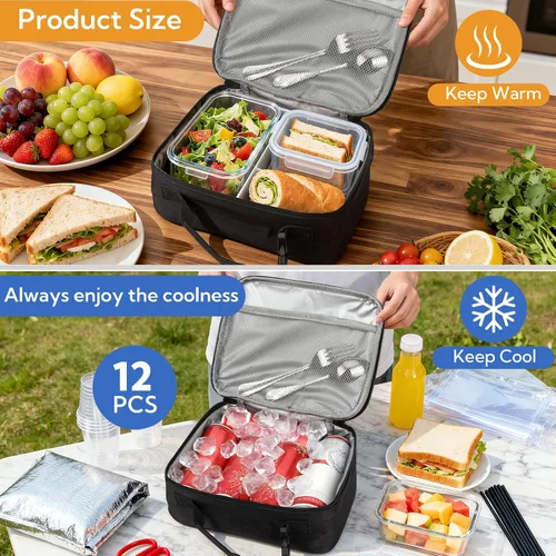 Vista 3 de VZZNN Paquete de 12 loncheras aisladas para niños, niñas, hombres y mujeres, tela Oxford 900D, lonchera suave para hombres, lonchera reutilizable
